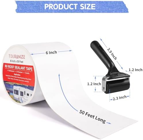 RV Roof Tape with Rubber Roller, 6 Inch x 50 Feet RV Sealant Tape for Camper Roof Repair, Boat Sealing, Trailer Roofing Seam Leaks, UV Resistant, Waterproof, White