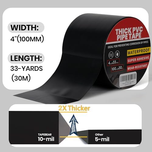 TAPEBEAR Corrosion Protection Pipe Tape 10mil PVC Pipe Wrap Tape 4" Wide | 33Yard/Roll Waterproof PVC Black Tape Hose Leak Proof Thicker for Drain Pipe, Metal Electrical Outdoor Underground Pipe