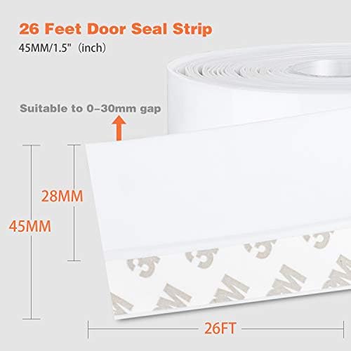 26 Feet Silicone Seal Strip,Door Weather Stripping Door Seal Strip Window Seal Silicone Sealing Tape for Door Draft Stopper Adhesive Tape (White, 45mm)