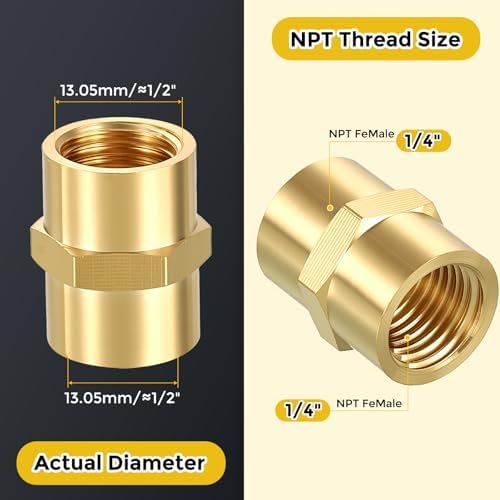METALLIXITY 12PCS 1/4" FeMale NPT x 1/4" FeMale NPT Thread Brass Coupling | Brass Pipe Fittings, Coupler Hex Head Adapter with Sealing Tape for Water Line, Tub Spout/Shower Head
