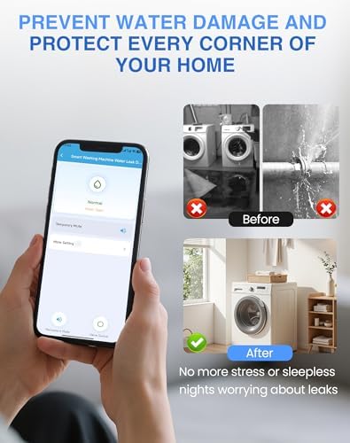 WiFi Washing Machine Water Leak Detector Kit with App Alerts & Sound Light Alarm, Dual Power Supply, High-Precision Sensor, Automatic Hot & Cold Shut-Off Valves (3/4" 90°)