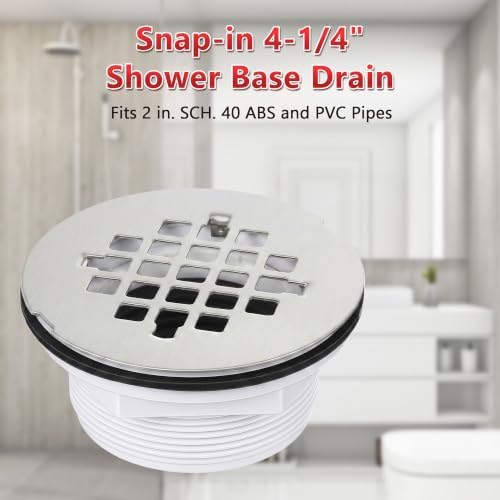 Enhon 4.25" OD Shower Drain Assembly, Snap in Shower Base Drain and Round Grid Strainer Cover, Fits 2 in. Schedule 40 ABS and PVC Pipes, Stainless Steel Cap, ABS Base(Silver,1 Pack)