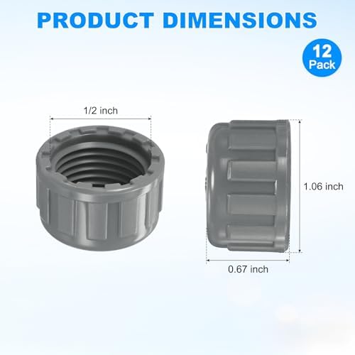 M METERXITY 12-Pack PVC Pipe End Cap Plug Adapter 1/2 In, Female Thread | Gray, Water End Cap Connector, Inner Teeth Pipe Plugs, for Outside Lawn, Yard/Watering Irrigation Systems