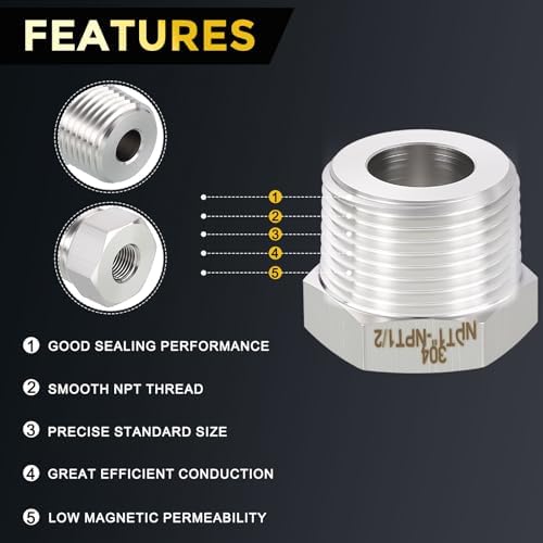 METALLIXITY 1PCS 1" MNPT x 1/2" FNPT Thread SUS304 Hex Bushing Extension | 304 Stainless Steel Pipe Fittings, Tube Adapters Convert for Water Line, Tub Spout/Shower Head