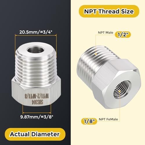 METALLIXITY 10PCS 1/2" MNPT x 1/8" FNPT Thread SUS304 Hex Bushing Extension | 304 Stainless Steel Pipe Fittings, Tube Adapters Convert for Water Line, Tub Spout/Shower Head