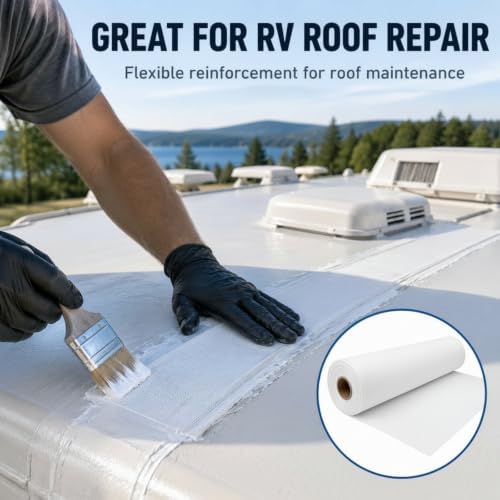 Contouring Polyester Roof Reinforcement Fabric White, 40 in x 162 ft Elastomeric Roof Coating, Roofing Tool and Fabric Sealer to Reinforce Strength for Roofs