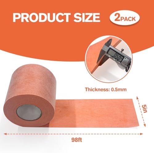 2 Roll Waterproofing Membrane, 5Inch X 98.4Ft 20Mils Thick Waterproof Membrane for Shower Polyethylene Fabric Tile Underlayment Seam Tape for Tile Wall Floors, Sauna Steam Room