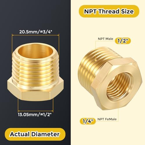 METALLIXITY 12PCS 1/2" MNPT x 1/4" FNPT Thread Brass Hex Bushing Extension | Brass Pipe Fittings, Tube Adapters Convert for Water Line, Tub Spout/Shower Head