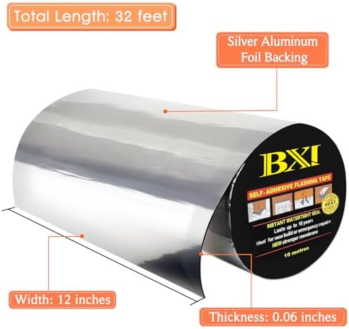 BXI Flashing Roll Tape Membrane, 12 inches X 32 Feet Thick Waterproof Patch Seal Tape, Self-adhesive SBS Modified Rubberized Asphalt, Deck Seam Joist Leak Sealant for Roof Window Gutter Repair Outdoor
