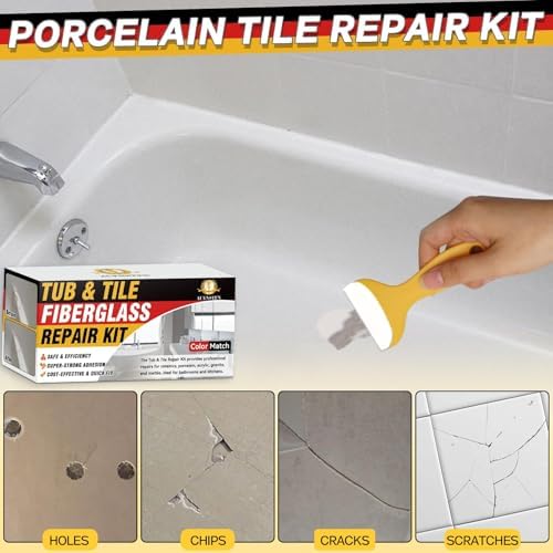 Bath Tub Repair Kit White,FiberglassTub and Shower Repair Kit for Porcelain Sink, Acrylic Bathtub, Tile and Toilet, Color Match Filler for Chips, Cracks, Dents, Holes, Almond Biscuit Bone (White)