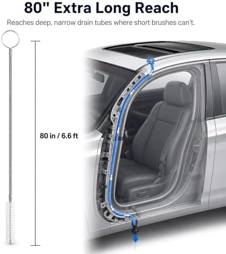 2 Pack 80 Inch Sunroof Drain Cleaning Tool, Flexible Stainless Steel Spring Wire with Soft Nylon Brush Tip for Car Sunroof Tubes, Windshield Holes, Refrigerator and AC Lines