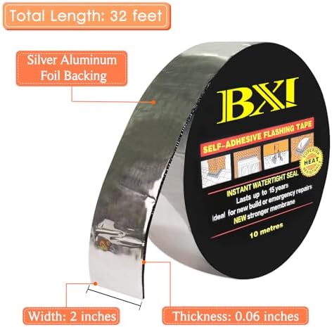 BXI Flashing Roll Tape Membrane, 2 inches X 32 Feet Thick Waterproof Patch Seal Tape, Self-Adhesive SBS Modified Rubberized Asphalt, Deck Seam Joist Leak Sealant for Roof Window Gutter Repair Outdoor