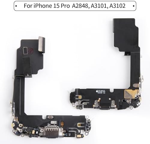 for iPhone 15 Pro Lightning Charging Port Replacement (Black Titanium) USB Dock Connector Flex Cable Assembly with Waterproof Tape Tool Kit for A2848, A3101, A3102, A3104