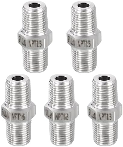 METALLIXITY 5PCS 1/8" MNPT x 1/8" MNPT Thread SUS304 Hex Nipple Adapter | Male Straight Extension Adapters, 304 Stainless Steel Pipe Fittings for Water Line, Tub Spout/Shower Head