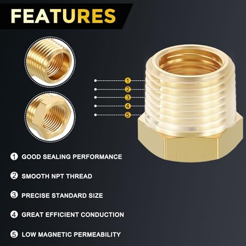 METALLIXITY 15PCS 3/8" MNPT x 1/4" FNPT Thread Brass Hex Bushing Extension | Brass Pipe Fittings, Tube Adapters Convert with Sealing Tape for Water Line, Tub Spout/Shower Head