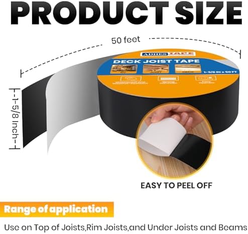 ADHES Deck Joist Tape, 1-5/8" x 50' Weather Resistance & Waterproof | Butyl Joist Tape for Decking, Deck Flashing Tape, Ideal for Wood Decks Beams Roof, Outdoor Construction Use