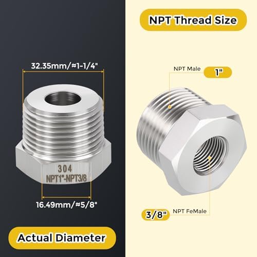 METALLIXITY 1PCS 1" MNPT x 3/8" FNPT Thread SUS304 Hex Bushing Extension | 304 Stainless Steel Pipe Fittings, Tube Adapters Convert for Water Line, Tub Spout/Shower Head