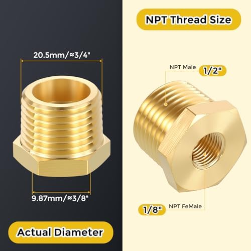 METALLIXITY 2PCS 1/2" MNPT x 1/8" FNPT Thread Brass Hex Bushing Extension | Brass Pipe Fittings, Tube Adapters Convert for Water Line, Tub Spout/Shower Head