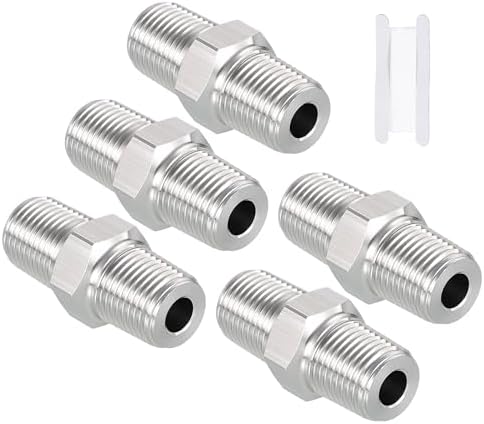 Pack of 5, 1/8" Male NPT to 1/8" Male NPT SUS304 Hex Nipple | Solid Male Pipe Adapter Hose Connectors with Sealing Tape for Pipe Repair, Bathroom Remodel, Tool Extensions, Compression