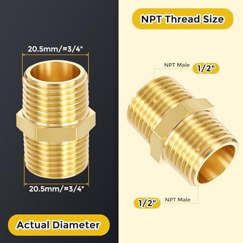 METALLIXITY 5PCS 1/2" MNPT x 1/2" MNPT Thread Brass Hex Nipple Adapter | Male Straight Extension Adapters, Brass Pipe Fittings for Water Line, Tub Spout/Shower Head