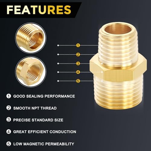 METALLIXITY 4PCS 3/8" MNPT x 1/4" MNPT Thread Brass Hex Nipple Adapter | Male Straight Extension Adapters, Brass Pipe Fittings for Water Line, Tub Spout/Shower Head
