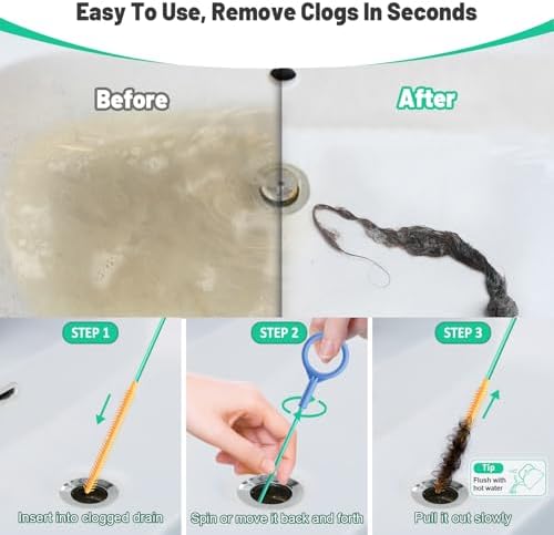 Reusable Drain Snake Hair Clog Remover, 30 inch Drain Cleaner Tool (5 Pack)