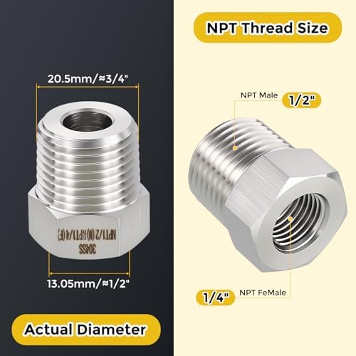 METALLIXITY 3PCS 1/2" MNPT x 1/4" FNPT Thread SUS304 Hex Bushing Extension | 304 Stainless Steel Pipe Fittings, Tube Adapters Convert for Water Line, Tub Spout/Shower Head