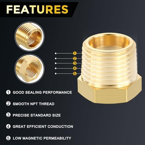 METALLIXITY 4PCS 3/8" MNPT x 1/8" FNPT Thread Brass Hex Bushing Extension | Brass Pipe Fittings, Tube Adapters Convert for Water Line, Tub Spout/Shower Head