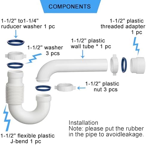 (1 Pack) Yariwiz White P Trap 1 1/2 Inch for Bathroom Kitchen Sink Drain Pipe Tubular Kit with Adjustable J-bend, White Threaded Adapter and Blue TPE Washer KSD-004W