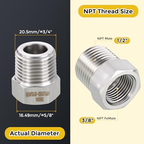 METALLIXITY 2PCS 1/2" MNPT x 3/8" FNPT Thread SUS304 Hex Bushing Extension | 304 Stainless Steel Pipe Fittings, Tube Adapters Convert for Water Line, Tub Spout/Shower Head