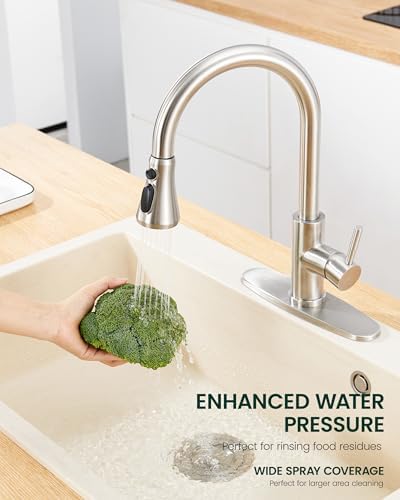 Kitchen Faucet Head Replacement, 3-Function Pull Down Faucet Spray Head with 15 Adapters - Replacement Pull-Out Sink Spout Sprayer Nozzle, Brushed Nickel
