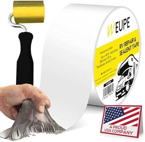 RV Sealant Tape with Roller, White, 4 Inch x 50 Feet, Roof Patch Repair Tape, Roofing Tape for RV, Waterproof Leak Tape for RV Puncture, Boat Sealing, Canopy, Camper, Greenhouse and Tarpaulin