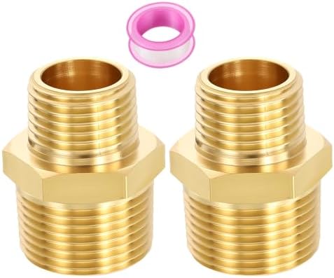 METALLIXITY 2PCS 3/4" MNPT x 1/2" MNPT Thread Brass Hex Nipple Adapter | Male Straight Extension Adapters, Brass Pipe Fittings with Sealing Tape for Water Line, Tub Spout/Shower Head