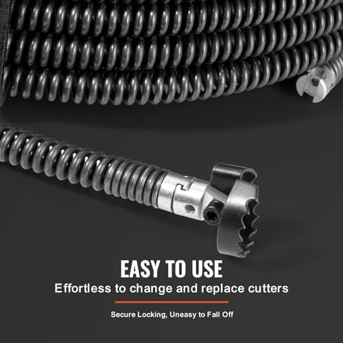 VEVOR Drain Cleaning Cable 66 FT x 5/8 Inch, Professional Sectional Drain Cleaner Cable with 7 Cutters for 0.8" to 3.9" Pipes for Hollow Core Sewer Cleaner Auger Sink, Toilet
