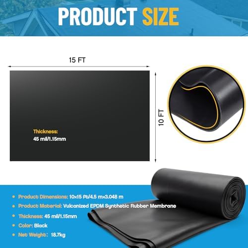 Pushglossy 10 x 15ft Epdm Rubber Roofing, Waterproof Membrane, 45 Mil