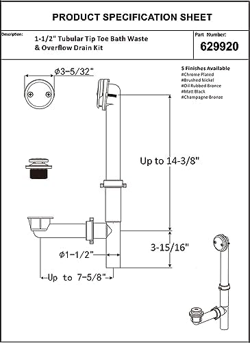 Artiwell 1-1/2" Black Tubular Bath Drain Kit with Tip-Toe Bath Drain Stopper, Touch-Toe Tub Drain, Tip Toe Bathtub Drain Waste and Overflow with Plug and Bathtub Overflow Drain Cover, Chrome Plated