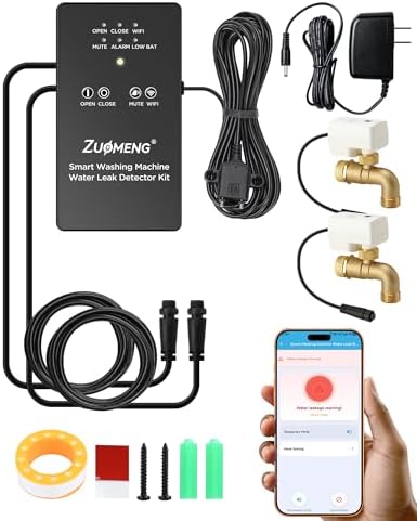 WiFi Washing Machine Water Leak Detector Kit with App Alerts & Sound Light Alarm, Dual Power Supply, High-Precision Sensor, Automatic Hot & Cold Shut-Off Valves (3/4" 90°)