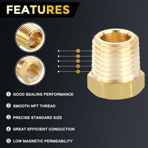 METALLIXITY 6PCS 1/4" MNPT x 1/8" FNPT Thread Brass Hex Bushing Extension | Brass Pipe Fittings, Tube Adapters Convert for Water Line, Tub Spout/Shower Head