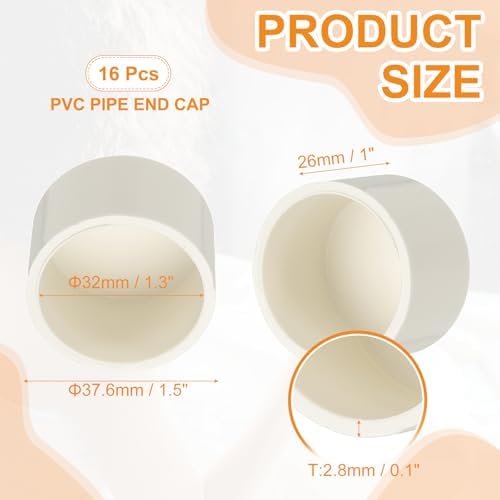 PATIKIL PVC Pipe End Caps, 16 Pack 1.3" Diameter Pipe Cover Cap Plug Adapter Socket Fittings for Build DIY Furniture Garden Shelf Water Line, White