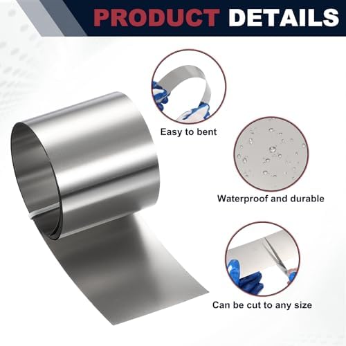 uxcell Stainless Steel Flashing Roll, 1.2in x 3.3ft Metal Roof Panels 0.1mm Waterproof Sheet Roll with Cut Proof Gloves for House Repair, Roof Flashing, Sealing Windows Doors