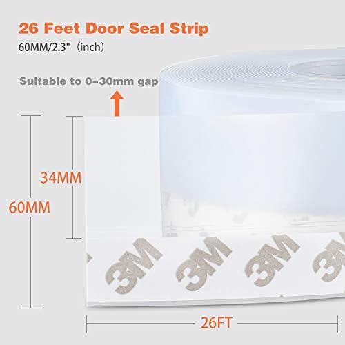 26 Feet Silicone Seal Strip,Door Weather Stripping Door Seal Strip Window Seal Silicone Sealing Tape for Door Draft Stopper Adhesive Tape (Transparent, 60mm)