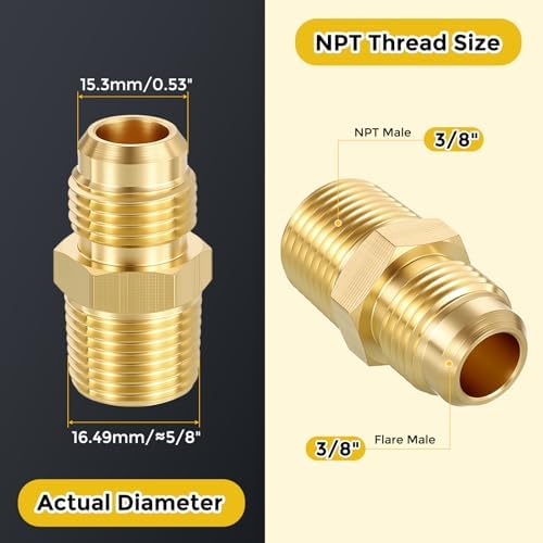 METALLIXITY 2PCS 3/8" Male Flare x 3/8"MNPT Thread Brass Hex Nipple Adapter | Male Straight Extension Adapters, Brass Pipe Fittings for Water Line, Tub Spout/Shower Head