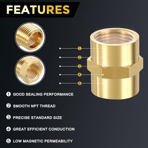 METALLIXITY 5PCS 3/8" NPT FeMale x 3/8" NPT FeMale Thread Brass Coupling | Brass Pipe Fittings, Coupler Hex Head Adapter for Water Line, Tub Spout/Shower Head