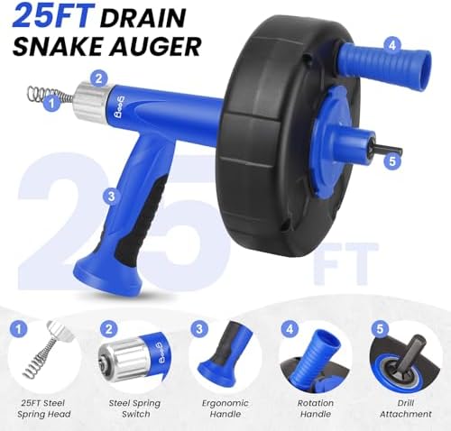 XJX Drain Snake, 25FT Drain Auger with Drill Adapter Blue