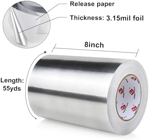 BOMEI PACK Aluminum Foil Tape,Heavy Duty Metal Duct Tape,High Temperature Silver Tape,Perfect for Sealing & Patching,HVAC,Air Ducts,Insulation and Metal Repair (8 Inch x 55 Yards)