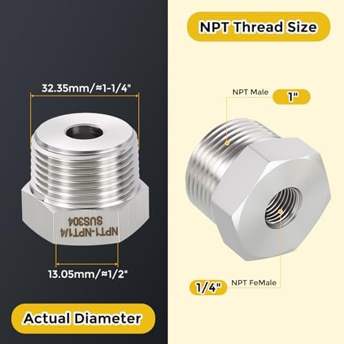 METALLIXITY 1PCS 1" MNPT x 1/4" FNPT Thread SUS304 Hex Bushing Extension | 304 Stainless Steel Pipe Fittings, Tube Adapters Convert for Water Line, Tub Spout/Shower Head