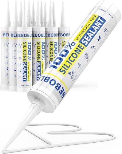 Silicone Caulk & Sealant White, 100% Waterproof Silicone Sealant, Shrink & Crack Proof, Silicone Caulking for Kitchen, Bathroom, RV, Interior & Exterior Use, 10.2 FL. OZ/300ML, 12 Pack