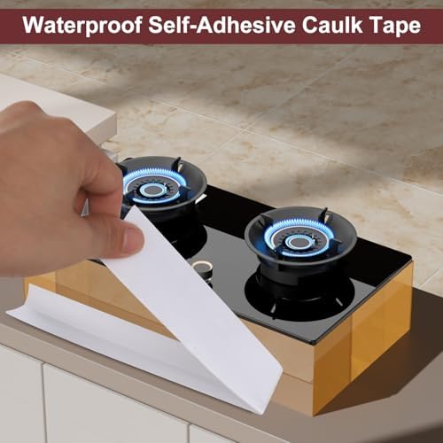 White Caulk Tape 2 Rolls Waterproof Self-Adhesive Tub & Wall Sealing Strip PVC Caulk for Bath & Kitchen Shower Corners, Sink Edges, Toilet Base