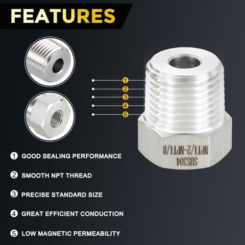 METALLIXITY 2PCS 1/2" MNPT x 1/8" FNPT Thread SUS304 Hex Bushing Extension | 304 Stainless Steel Pipe Fittings, Tube Adapters Convert for Water Line, Tub Spout/Shower Head