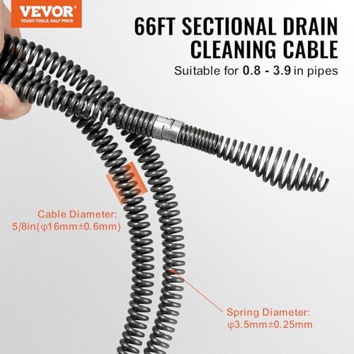 VEVOR Drain Cleaning Cable 66 FT x 5/8 Inch, Professional Sectional Drain Cleaner Cable with 7 Cutters for 0.8" to 3.9" Pipes for Hollow Core Sewer Cleaner Auger Sink, Toilet